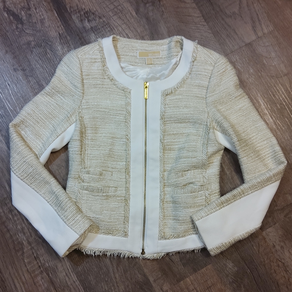 MICHAEL KORS Metallic Tweed Zip Blazer Jacket - 4
